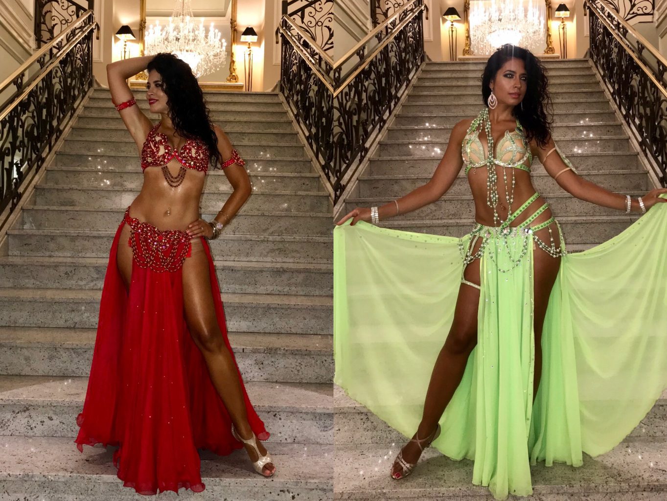 bellydancer in red costume and lime green costume